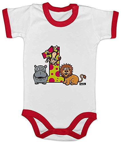 Hariz Baby Body Ringer Jungle León Mono 1 cumpleaños regalo Plus Tarjeta de regalo blanco/rojo 12-18 meses