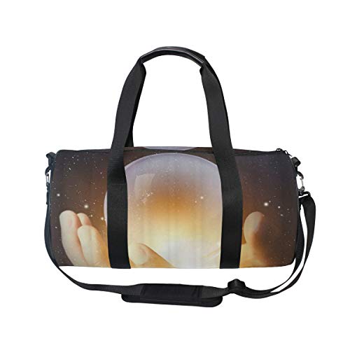 HARXISE Hombre de negocios mano que sostiene la bola cristalina con el fondo del espacio Galaxy Universe，Bolsa de equipaje de viaje Deporte Lienzo ligero Equipaje de fitness Desmontable