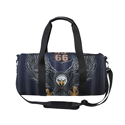 HARXISE Ruta clásica de estilo americano US 66 Señal de carretera de Estados Unidos con gran águila calva，Bolsa de equipaje de viaje Deporte Lienzo ligero Equipaje de fitness Desmontable