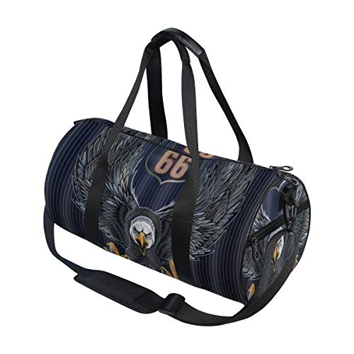 HARXISE Ruta clásica de estilo americano US 66 Señal de carretera de Estados Unidos con gran águila calva，Bolsa de equipaje de viaje Deporte Lienzo ligero Equipaje de fitness Desmontable