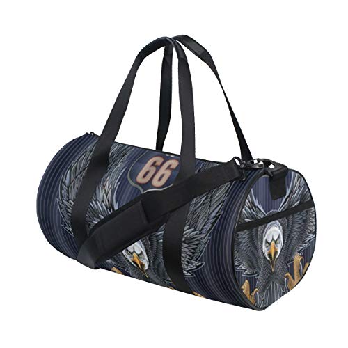 HARXISE Ruta clásica de estilo americano US 66 Señal de carretera de Estados Unidos con gran águila calva，Bolsa de equipaje de viaje Deporte Lienzo ligero Equipaje de fitness Desmontable