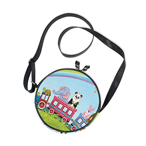 HATESAH Zoo Animal Train Rainbow Funny Imprimir，Bolso de lona redondo bolso de hombro para mujer Bolso de mensajero de lona casual anillo de hombro único Bolso de mensajero