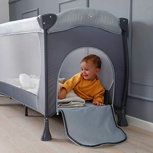 Hauck Sleep N Play Center - Cuna de viaje 7 piezas hasta 15 kg, altura recién nacido, con apertura lateral, ruedas, colchón, cambiador bebe, bolsa de transporte, plegable y regulable, gris