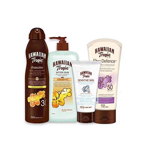 Hawaiian Tropic PACK Piel Clara - Kit con Aceite Bronceador Bruma SPF 30 + Crema Protectora DUO Defence SPF 50 + Loción Solar Piel Sensible SPF 50 + After Sun Ultra Radiance