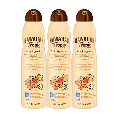 Hawaiian Tropic - Satin Protection Continous Spray SPF 30 - Crema Solar en Bruma de Absorción Rápida, Protección Solar No Grasa, 220 ml – Pack 3 Unidades