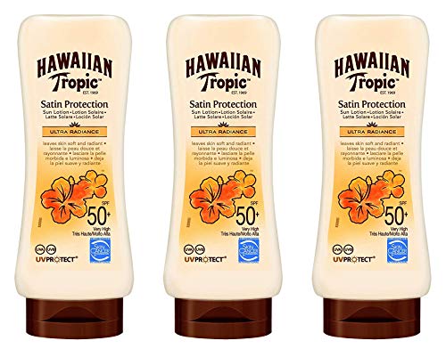 Hawaiian Tropic Satin Protection Ultra Radiance SPF 50+ - Loción Solar de Protección Muy Alta, Protege y Suaviza la Piel, Fragancia de Frutas Tropicales, Pack 3 Unidades x 180 ml