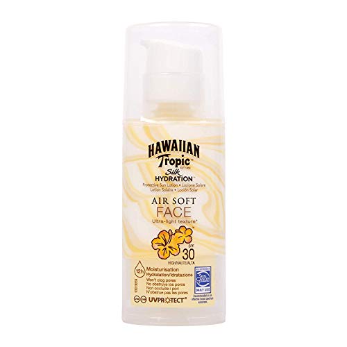Hawaiian Tropic - Silk Hydration Air Soft Face - Loción de Crema Solar Facial Protectora para el Rostro SPF 30, Crema Hidratante Facial con Protección, Pack de 3, 50 ml.