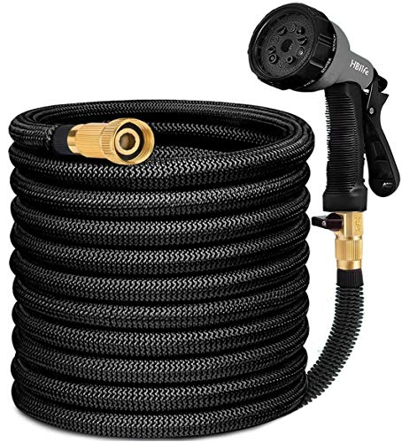 hblife Manguera Jardín Manguera De Jardín Extensible 15M/50FT con 8 Funciones De Cabeza De Aeroso,Profesional De Tela Expandible De Doble Látex con Núcleo Metálico (15M, Negro)