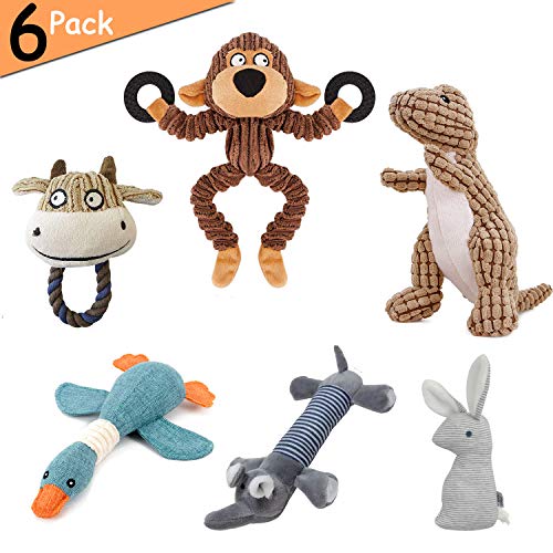 Hcpet Pack de 6 Squeaky Juguetes de Perros, Juguetes con Sonido para Perros - Mono, Dinosaurio, Ganso Salvaje, Conejo, Elefante y Toro