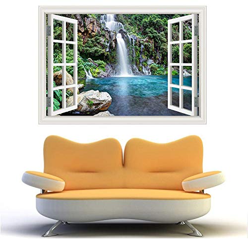HDOUBR Efecto 3D Ventana Vista Pegatinas DE Pared Montaña Cascada Marco Vinilo Calcomanía Decoración Mural Cocina Baño Moto Arte de la Pared, 200x140 cm (78.7 by 55.1 in)