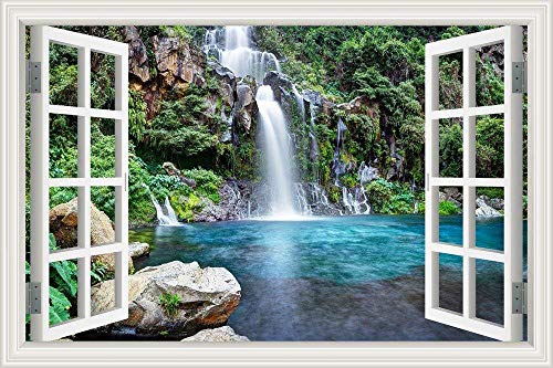 HDOUBR Efecto 3D Ventana Vista Pegatinas DE Pared Montaña Cascada Marco Vinilo Calcomanía Decoración Mural Cocina Baño Moto Arte de la Pared, 200x140 cm (78.7 by 55.1 in)