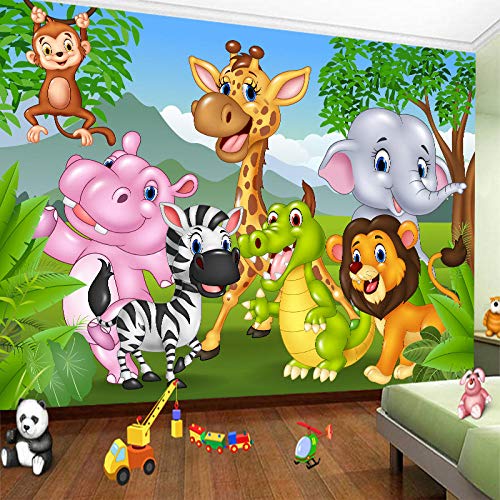 HDOUBR Personalizado Cualquier tamaño de Papel Tapiz Mural de Pared 3D Dibujos Animados Animal Jirafa Elefante Cebra Mono León Perspectiva 3D Etiqueta de la Pared, 300x210 cm (118.1 by 82.7 in)