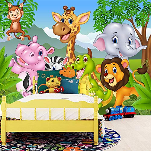 HDOUBR Personalizado Cualquier tamaño de Papel Tapiz Mural de Pared 3D Dibujos Animados Animal Jirafa Elefante Cebra Mono León Perspectiva 3D Etiqueta de la Pared, 300x210 cm (118.1 by 82.7 in)