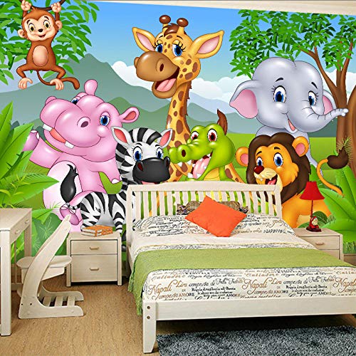 HDOUBR Personalizado Cualquier tamaño de Papel Tapiz Mural de Pared 3D Dibujos Animados Animal Jirafa Elefante Cebra Mono León Perspectiva 3D Etiqueta de la Pared, 300x210 cm (118.1 by 82.7 in)