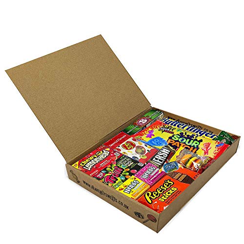 Heavenly Cesta de Dulces y Chocolate Americanos - Set de Marcas Clásicas de USA, Surtidos Originales, Regalo Perfecto para Niños, Adulto - Cumpleaños, Navidad - 13 Dulces, Pack de 25x18x2,5cm