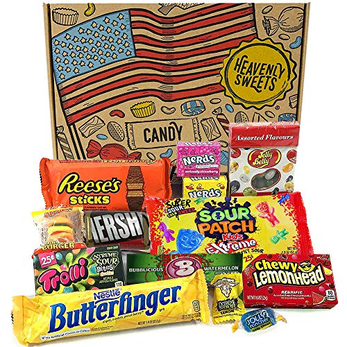 Heavenly Cesta de Dulces y Chocolate Americanos - Set de Marcas Clásicas de USA, Surtidos Originales, Regalo Perfecto para Niños, Adulto - Cumpleaños, Navidad - 13 Dulces, Pack de 25x18x2,5cm