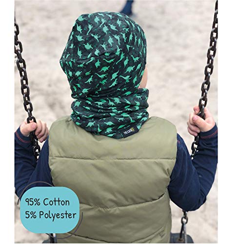 HECKBO Juego de gorro y buff niños | adecuado para primavera, verano, otoño | gorro reversible con dinosaurios | 2 a 7 años | 95% algodón | material elástico suave y fácil de cuidar.