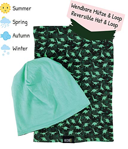 HECKBO Juego de gorro y buff niños | adecuado para primavera, verano, otoño | gorro reversible con dinosaurios | 2 a 7 años | 95% algodón | material elástico suave y fácil de cuidar.