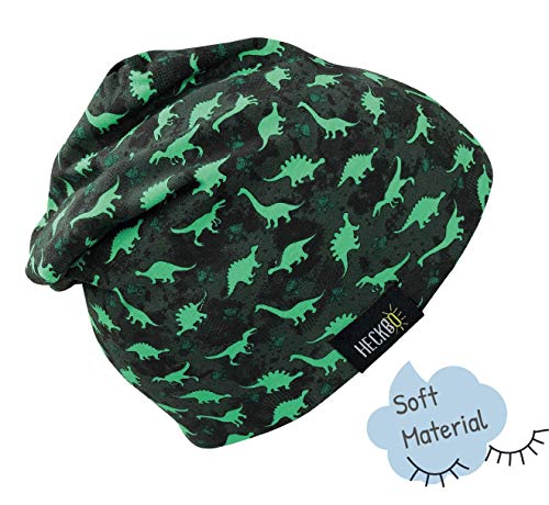 HECKBO Juego de gorro y buff niños | adecuado para primavera, verano, otoño | gorro reversible con dinosaurios | 2 a 7 años | 95% algodón | material elástico suave y fácil de cuidar.