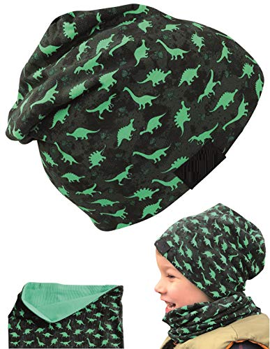 HECKBO Juego de gorro y buff niños | adecuado para primavera, verano, otoño | gorro reversible con dinosaurios | 2 a 7 años | 95% algodón | material elástico suave y fácil de cuidar.