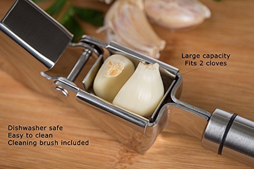 Heim & Elda ajos prensa y Peeler Set. No-Rust de acero inoxidable picadora de ajo y jengibre con tubo de silicona pelador y cepillo de limpieza