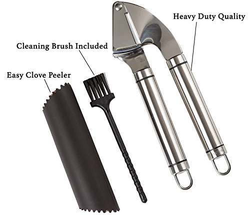 Heim & Elda ajos prensa y Peeler Set. No-Rust de acero inoxidable picadora de ajo y jengibre con tubo de silicona pelador y cepillo de limpieza