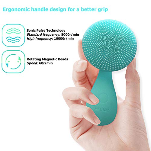 HELIOZ Ultrasónico【Nuevo】Limpiador Facial Eléctrico de Silicona Orgánica, Filamentos Extra Suaves, Recargable Magnético e Impermeable, Masajeador Antiedad (Turquesa)