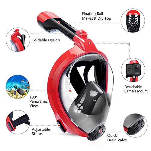 HENGBIRD Máscara de Buceo Integral Máscara de Esnórquel Anti-Vaho Anti-Fuga Gafas Cara Completa 180 ° Visible Apoyo Camara Deportiva (Red L/XL)