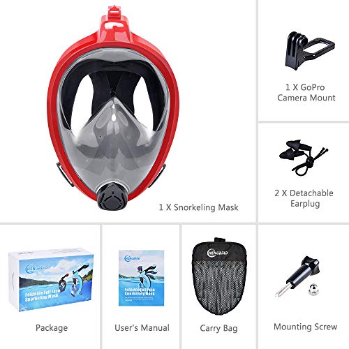 HENGBIRD Máscara de Buceo Integral Máscara de Esnórquel Anti-Vaho Anti-Fuga Gafas Cara Completa 180 ° Visible Apoyo Camara Deportiva (Red L/XL)