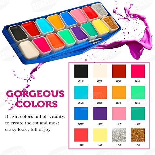 HENMI pintura facial, 14 colores, 2 brillos, 2 pinceles, kit de pintura corporal, seguridad no tóxica para el maquillaje infantil, Cosplay/Navidad/Helloween/Partes