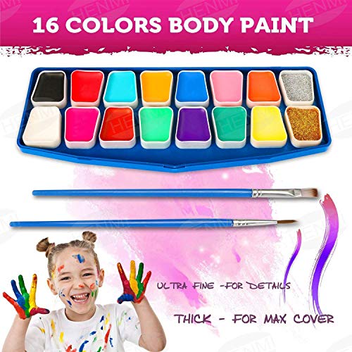 HENMI pintura facial, 14 colores, 2 brillos, 2 pinceles, kit de pintura corporal, seguridad no tóxica para el maquillaje infantil, Cosplay/Navidad/Helloween/Partes