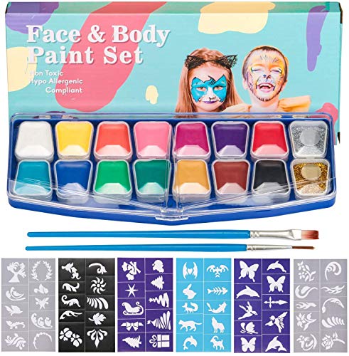 HENMI pintura facial, 14 colores, 2 brillos, 2 pinceles, kit de pintura corporal, seguridad no tóxica para el maquillaje infantil, Cosplay/Navidad/Helloween/Partes