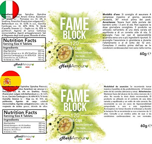 HerbAmour Fame Block I 120 Pastillas Quema Grasas Potente Y Rapido I Capsulas Para Adelgazar Efectivas I Quemador Abdominal Reduce El Hambre Para Bajar Y Perder Peso Mujer I Fat Burner