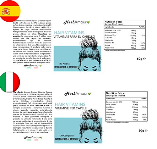 HerbAmour HAIR VITAMINS I Vitaminas Para El Cabello Mujer I 120 Pastillas Alta Dosis De Biotina Anticaida, Para Belleza Y Crecimiento Pelo I Formulación Innovadora, Tratamiento Biotin Para 4 Meses