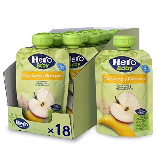 Hero Baby - Bolsita de Fruta con Manzana y Plátano, Sin Azúcares Añadidos, para Bebés a Partir de los 4 Meses - Pack de 18 x 100 g