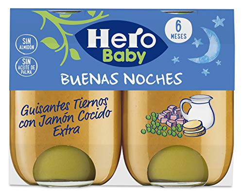 Hero Baby Buenas Noches Guisantes Tiernos con Jamón Cocido Tarrito de Puré para bebés a partir de 6 meses, 190 g