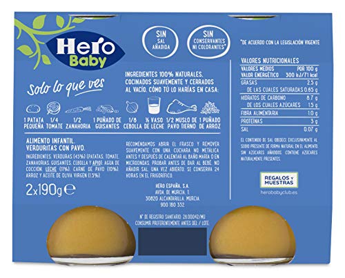 Hero Baby Buenas Noches Noches Verduritas con Pavo - 2 x 190 gr [ Pack de 6] - Total: 2280 gr