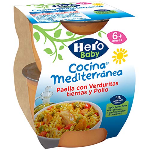 Hero Baby Cocina Mediterránea Paella con Verduritas Tiernas y Pollo Tarritos de Puré para Bebés a partir de 6 meses, 200 g