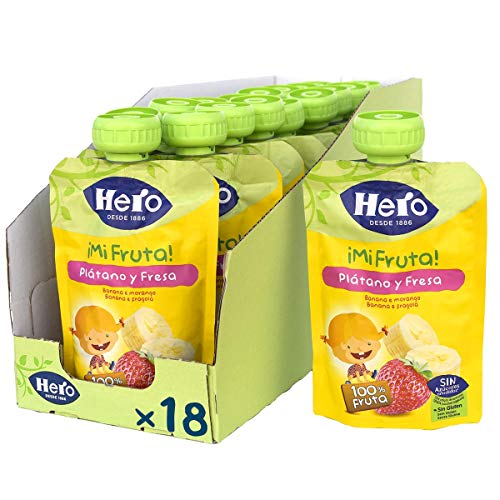 Hero Baby Mi Fruta - Bolsita de Fruta con Plátano y Fresa, Sin Azúcares Añadidos, para Bebés a Partir de los 12 Meses - Pack de 18 x 100 g
