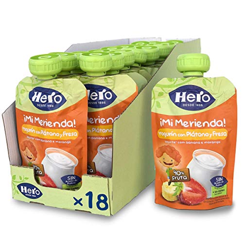 Hero Baby Mi Merienda - Bolsita de Yogurín con Plátano y Fresa, Sin Azúcares Añadidos, para Bebés a Partir de los 12 Meses - Pack de 18 x 100 g