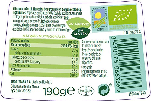 Hero Baby Solo - Tarrito Ecológico de Menestra de Verduras con Dorada Ecológica, para Bebés a partir de 8 Meses - Pack de 12 x 190 g