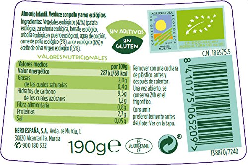 Hero Baby Solo - Tarrito Ecológico de Verduras de la Huerta con Pollo y Arroz, para Bebés a partir de 6 Meses - Pack de 12 x 190 g