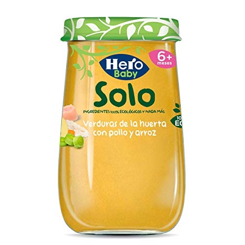Hero Baby Solo - Tarrito Ecológico de Verduras de la Huerta con Pollo y Arroz, para Bebés a partir de 6 Meses - Pack de 12 x 190 g