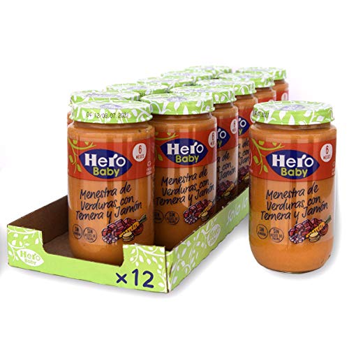 Hero Baby - Tarrito de Menestra de Verduras con Ternera y Jamón, Ingredientes Naturales, para Bebés a Partir de 6 Meses - Pack de 12 x 235 g