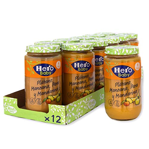Hero Baby - Tarrito de Plátano, Manzana, Pera y Mandarina, Ingredientes Naturales, para Bebés a Partir de los 4 Meses - Pack de 12 x 235 g