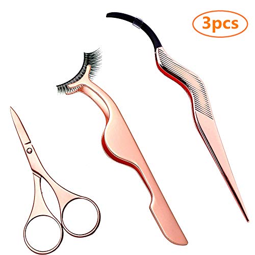 Herramienta de aplicador de pestañas postizas de 3 piezas Pinzas de extensión de pestañas, pestañas cejas tijeras removedor de acero inoxidable Clip Nipper (Oro rosa)
