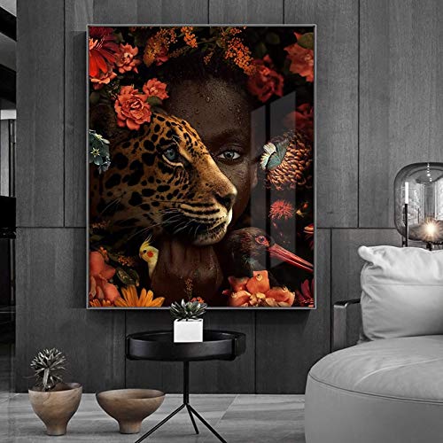 hetingyue Arte Africano Mujer Negra Rosa Tigre pájaro Pintura al óleo sobre Lienzo póster e impresión Mural Imagen decoración Pintura sin Marco 60X84CM