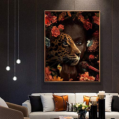 hetingyue Arte Africano Mujer Negra Rosa Tigre pájaro Pintura al óleo sobre Lienzo póster e impresión Mural Imagen decoración Pintura sin Marco 60X84CM