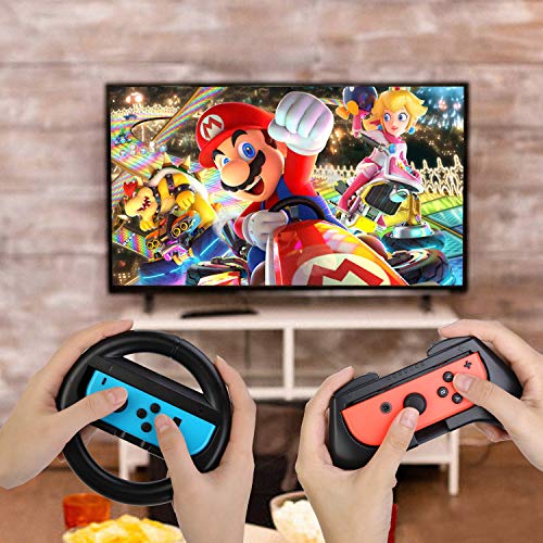 HEYSTOP Volantes y Grip Switch Joy-con para Nintendo Switch, Switch Joy-con Racing Wheel Volante, Mandos Grip Joy-con para Mario Kart Juegos/Joy-con Mandos Nintendo Switch Deluxe 4 Piezas (Negro)