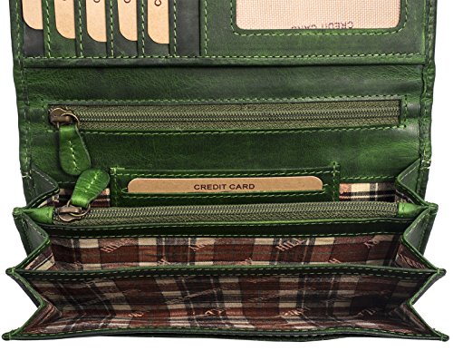 Hill Burry Cartera de Cuero para Mujer | Billetera - Monedero de Cuero Genuino con Aspecto Vintage | Mujeres - Hombre | XXL Largo Grande Capacidad (Verde)